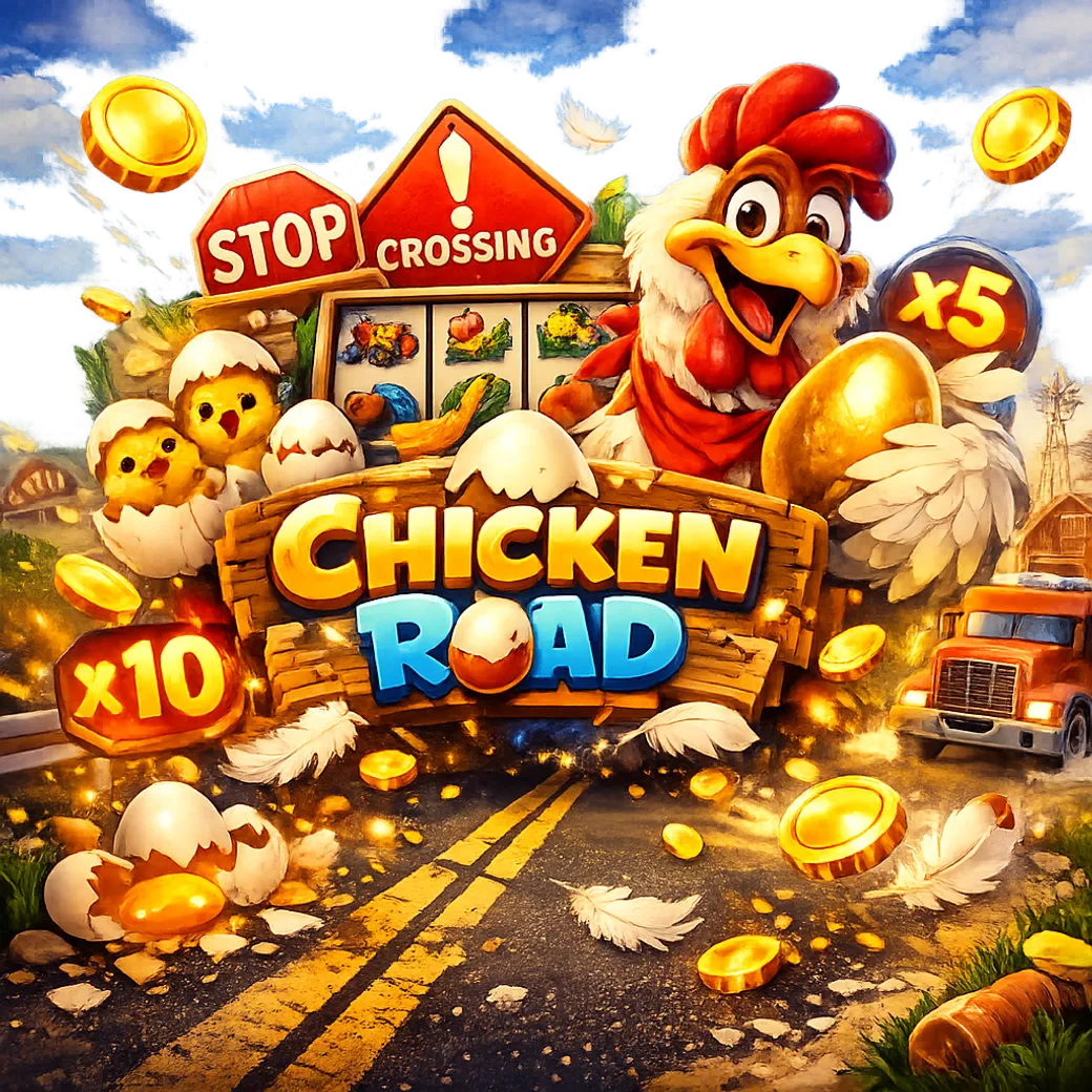 Colorful promo image featuring a comical chicken crossing road lanes with coins and playful energy