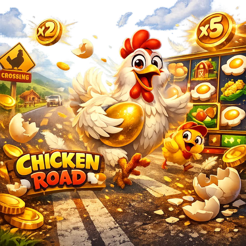 Dynamic promo image for Chicken Road slot featuring a funny chicken, road lanes, eggs, and coins.